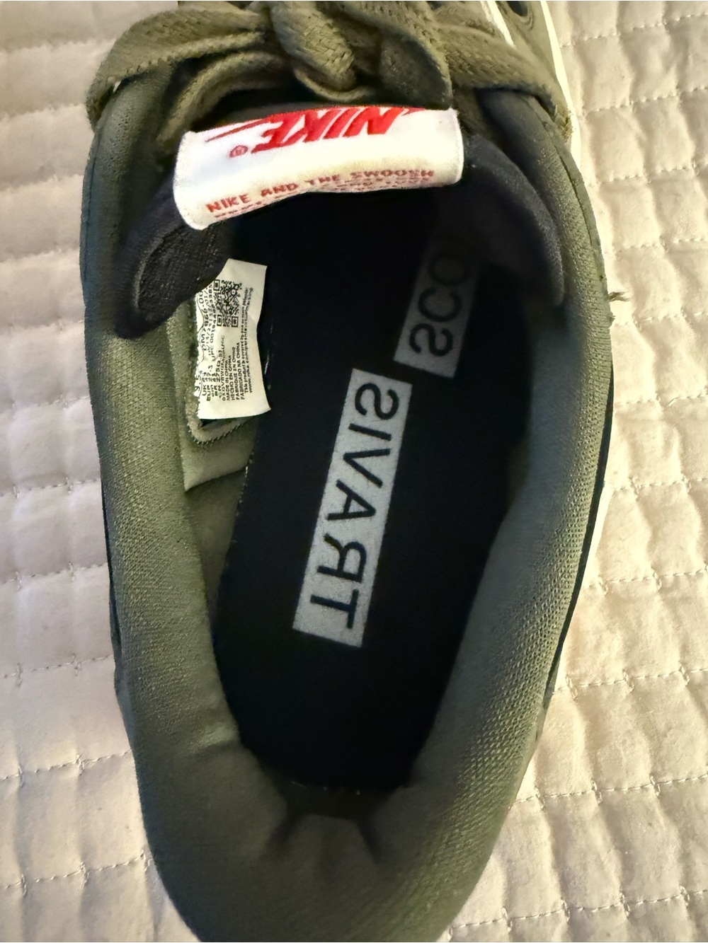 Nike Jordan’s 1 Travis Scott Men's Olive Green, Black and White Low-Top Sneakers - Picture 5 of 7